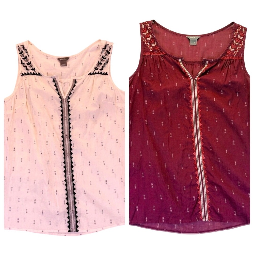 Eddie Bauer Women's XS Embroidered Sleeveless Top Lot of 2 Burgundy Cream Boho